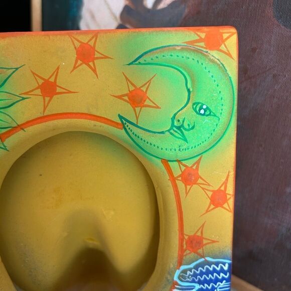 Vtg Mexican Folk Art Pottery Picture Frame Sun Moon Celestial Face Green Blue - Picture 5 of 16